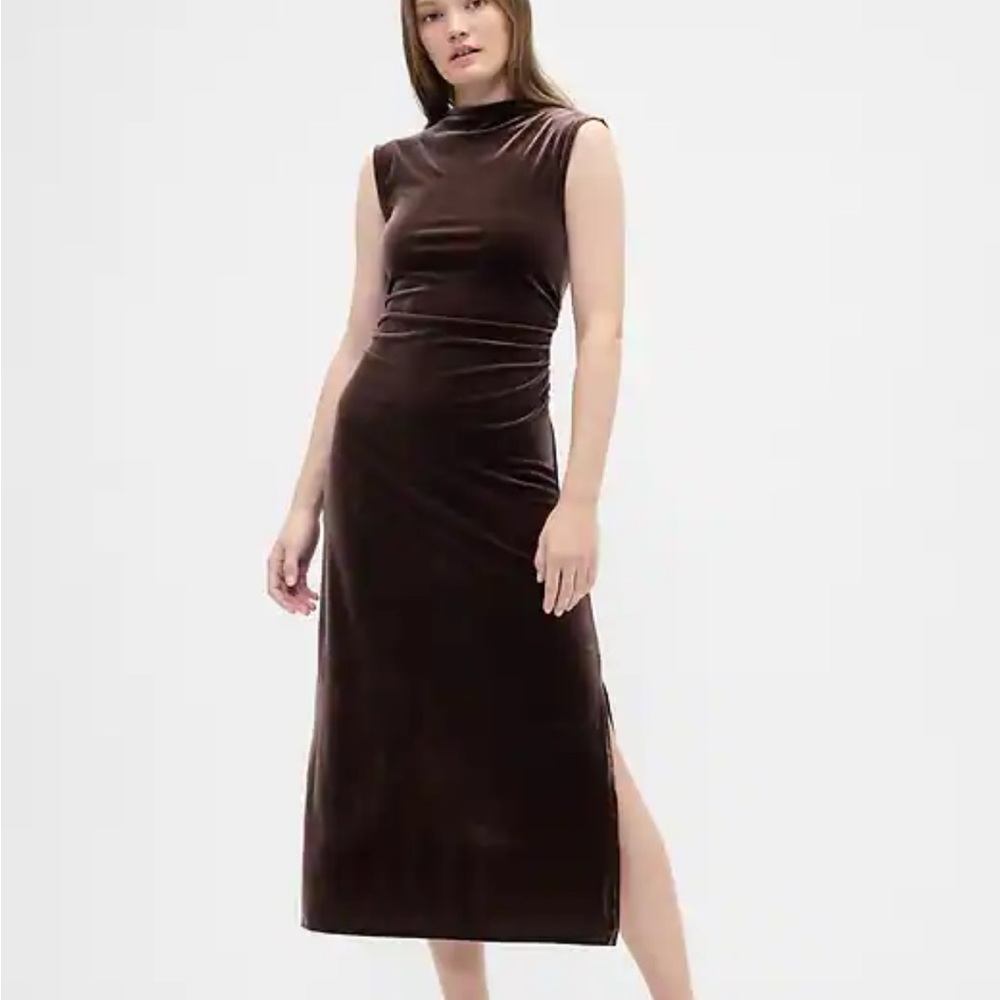 Gap Ruched Velvet Mock Neck Midi Dress